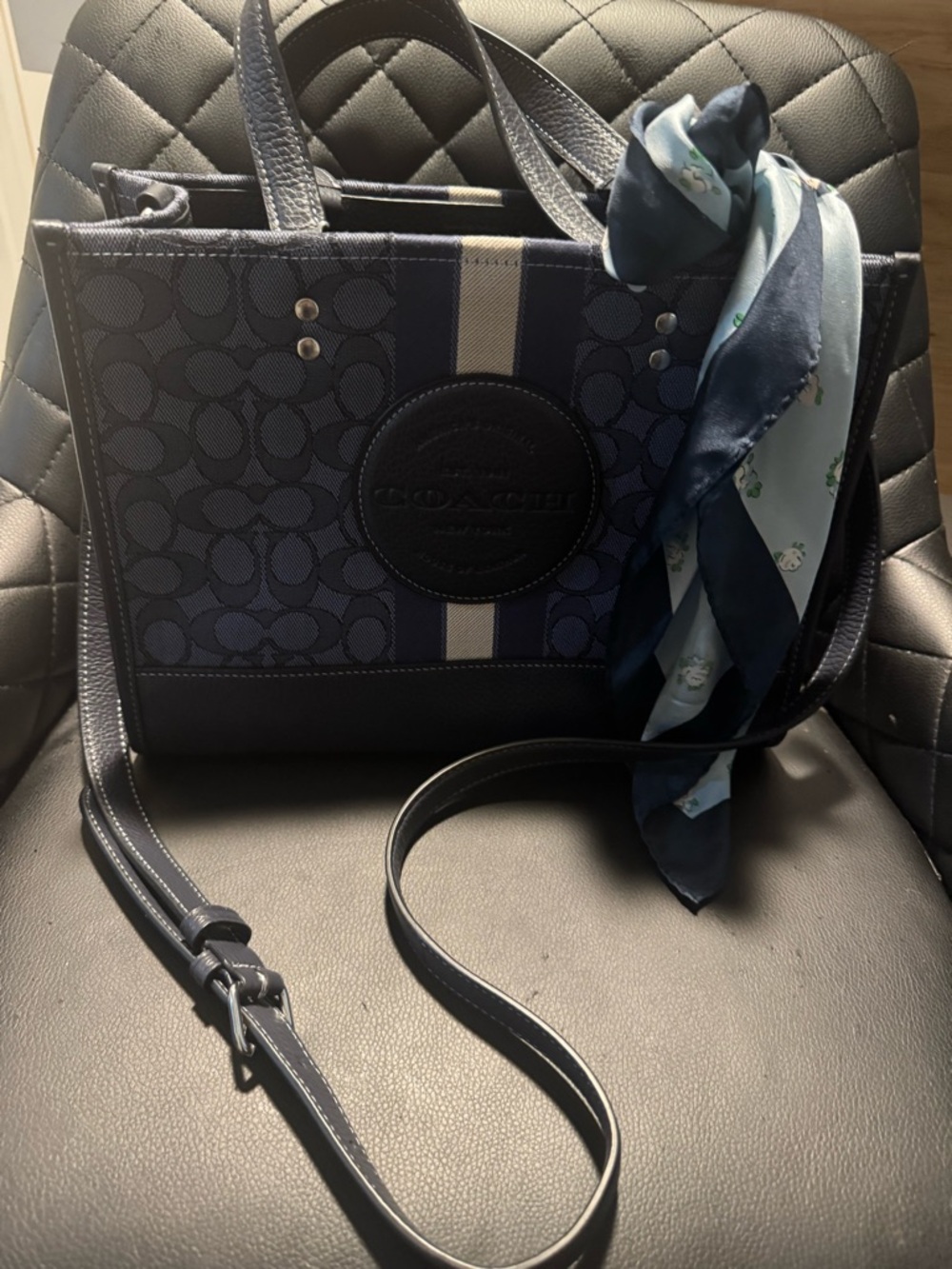 Coach Navy Signature Stripe Tote with Scarf